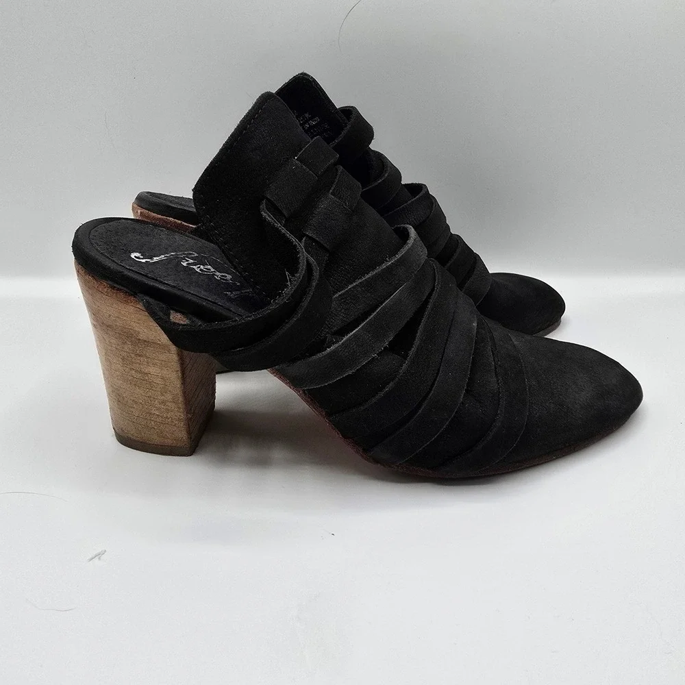 Free People Byron Mules Black Suede Leather Strappy Clog Heels‎ Size 38